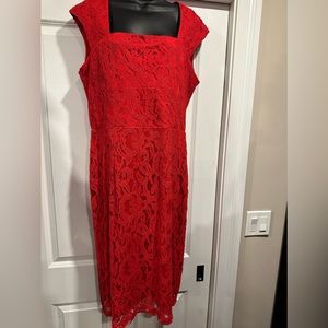 Elegant Red Lace Overlay Midi Dress